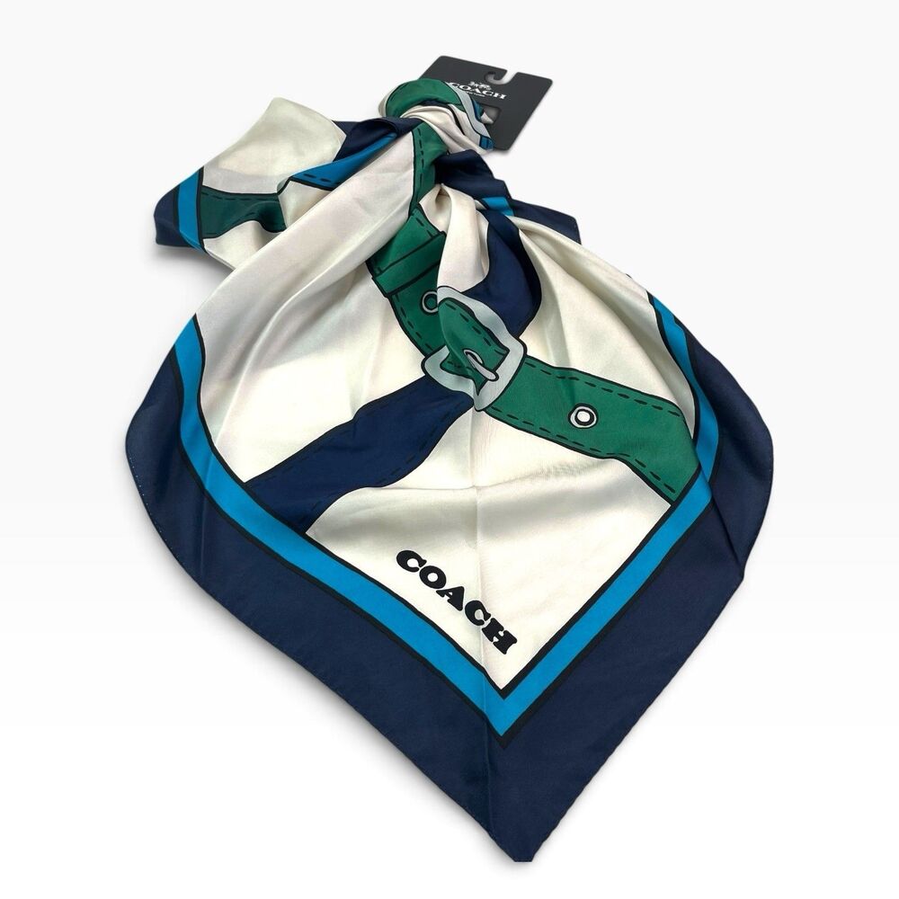 COACH Trompe L'Oeil Belt Print Silk Scarf 35x35 Blue Cream Equestrian Preppy NWT